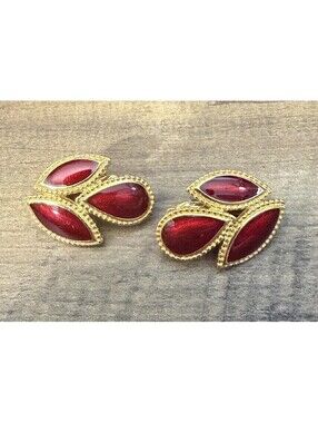 TRIFARI Tm Signed Red Guilloche Enamel Gold Tone Clip On Earrings
